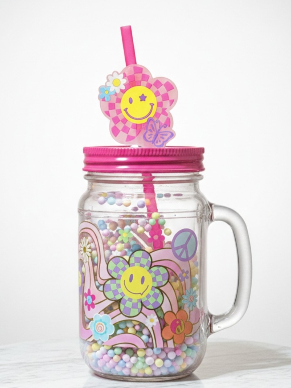 Pink Smiley Flower Mason Jar Tumbler with Straw